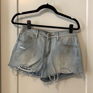 High rise distressed light denim shorts